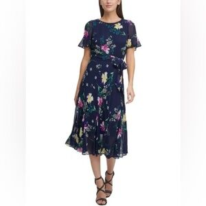 DKNY Belted Georgette Midi Dress